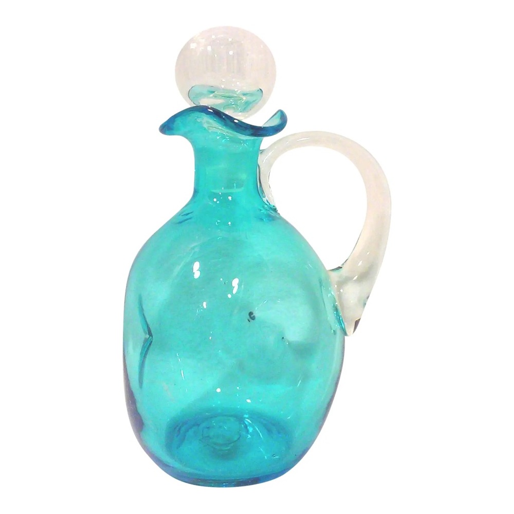 Vintage Blue Glass Decanter Pinched Bottle Mid-Century Barware Bischoff